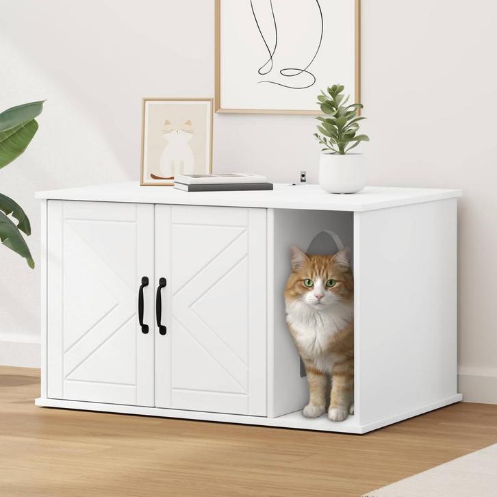 vidaXL Kattenhuis Wit 85 x 55 x 50 cm Bewerkt hout, Dieren en Toebehoren, Katten-accessoires, Nieuw, Verzenden