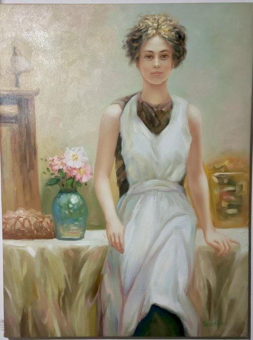 Italiaanse school (XX) - La Donna con le Rose, Antiek en Kunst, Kunst | Schilderijen | Klassiek