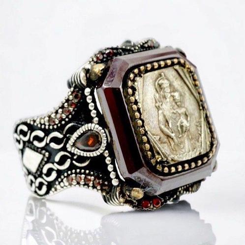 Sacred Heart of Jesus | Handmade and Rare Silver Ring - 925, Handtassen en Accessoires, Antieke sieraden