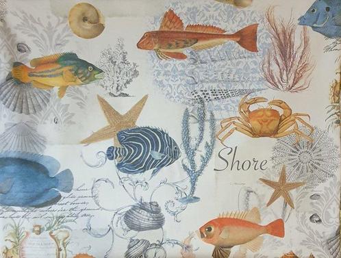 Mediterraan textiel met vissen, koraal en schelpen -, Antiek en Kunst, Antiek | Tapijten, Tafelkleden en Textiel