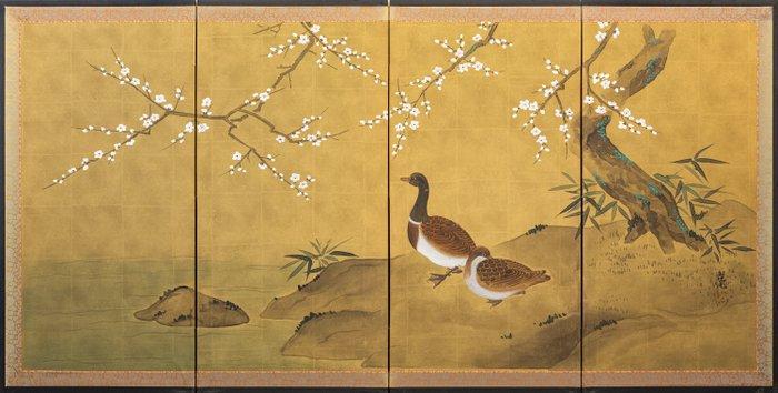 Een prachtige vierpaneels Bybu  met eenden onder een, Antiquités & Art, Antiquités | Autres Antiquités