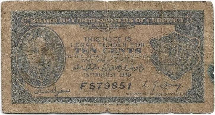Malaya- 10 cents 1940 P#2, Postzegels en Munten, Bankbiljetten | Europa | Niet-Eurobiljetten, België, Verzenden