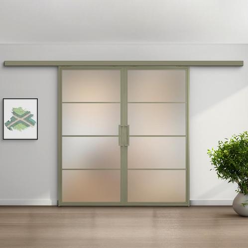 Dubbele stalen schuifdeur met koofsysteem 4 Vlaks Olijfgroen, Doe-het-zelf en Bouw, Raamkozijnen en Schuifdeuren, Nieuw, 75 tot 150 cm