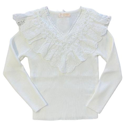 Will Fashion Trui met V-hals en kant Off white, Kinderen en Baby's, Kinderkleding | Overige, Meisje, Nieuw, Ophalen of Verzenden