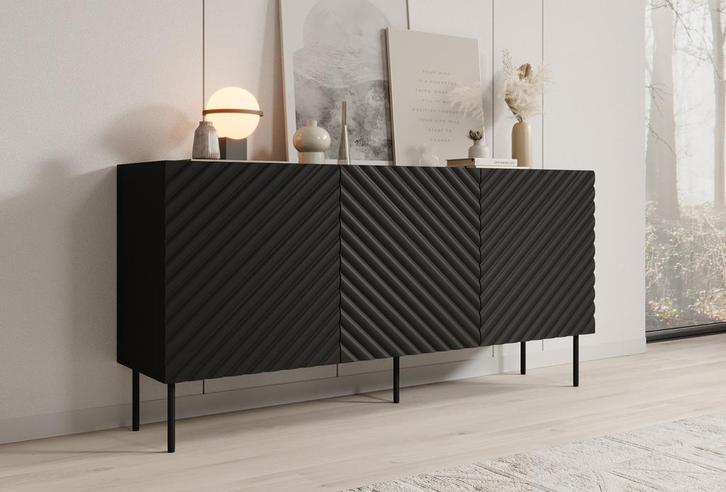 Meubella | Dressoir zwart 165cm 3 deuren - Opbergkast, Huis en Inrichting, Kasten | Dressoirs, 25 tot 50 cm, Nieuw, 150 tot 200 cm