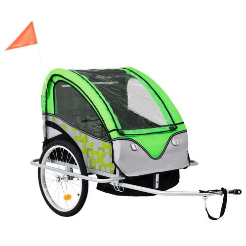 vidaXL Fietstrailer en kinderwagen 2-in-1 groen en grijs, Fietsen en Brommers, Fietsaccessoires | Aanhangwagens en Karren, Nieuw