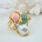 Koraal - Zilver, Verguld - Ring - koraalroze, jade, parel, Antiquités & Art