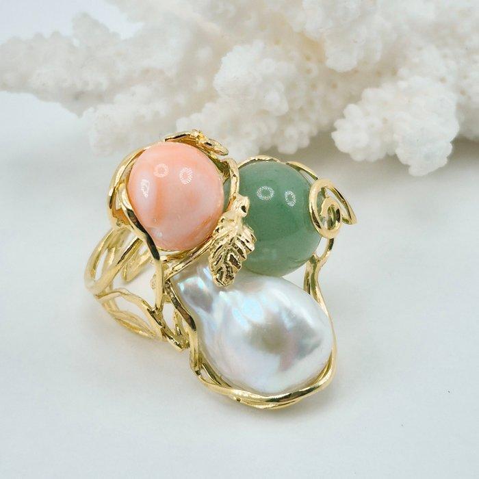 Koraal - Zilver, Verguld - Ring - koraalroze, jade, parel, Antiek en Kunst, Curiosa en Brocante