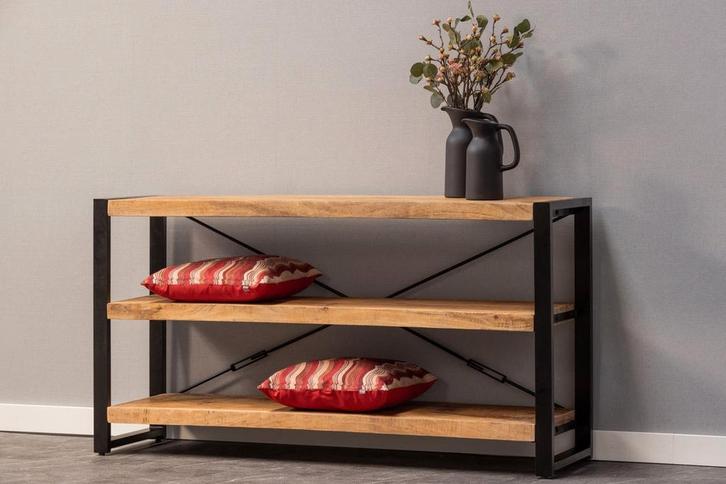 Boekenkast Mangohout Donovan Laag 120 cm, Huis en Inrichting, Kasten | Boekenkasten, Nieuw, Verzenden