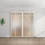 Dubbele stalen schuifdeur - Wit - 5 Vlaks rond - Mat glas, 75 tot 150 cm, Nieuw, 150 tot 225 cm, Metaal