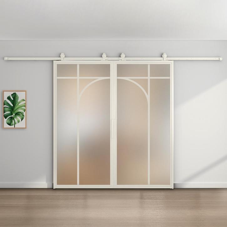 Dubbele stalen schuifdeur - Wit - 5 Vlaks rond - Mat glas, Doe-het-zelf en Bouw, Raamkozijnen en Schuifdeuren, Inclusief glas