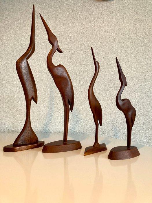Figuur - Vier vintage teakhouten kraanvogels / reiger, Antiek en Kunst, Kunst | Designobjecten