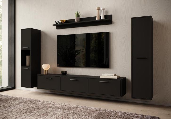 Meubella | Wandmeubel zwart Set van 4 TV-Meubel, Huis en Inrichting, Kasten | Wandmeubels, 25 tot 50 cm, Nieuw, 150 tot 200 cm