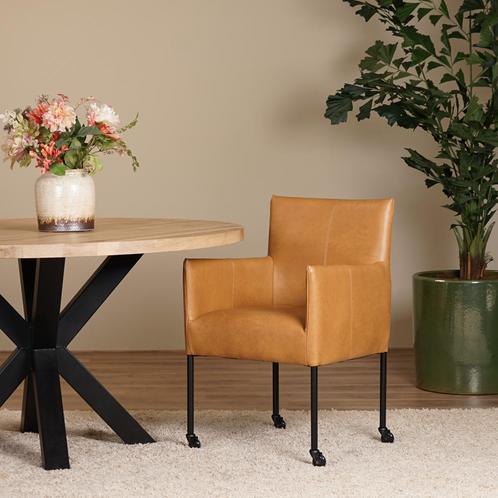 Set van 6 cognac leren eetkamerstoelen - met wieltjes en, Huis en Inrichting, Stoelen, Overige kleuren, Vijf, Zes of meer stoelen