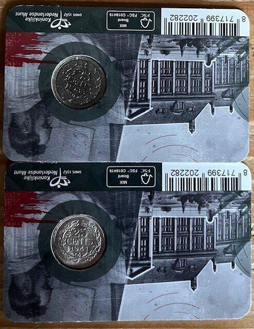 Nederland. Wilhelmina. 25 Cent coincard 1928/1941 lot van 2, Postzegels en Munten, Munten | Nederland