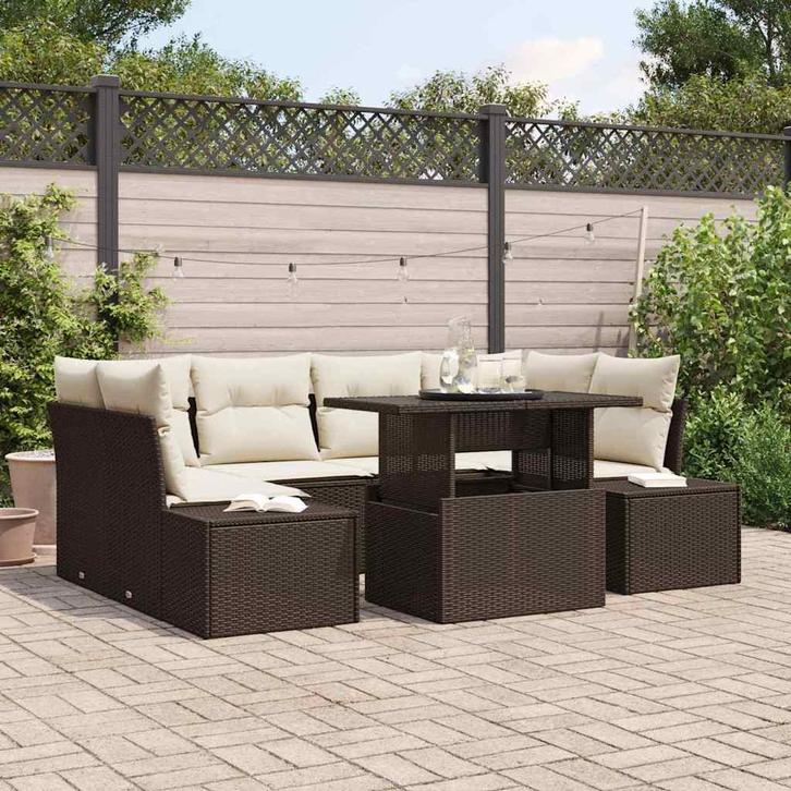 vidaXL Bankstel met kussen 7 pcs Bruin en Crème poly rattan, Tuin en Terras, Tuinsets en Loungesets, Nieuw, Verzenden