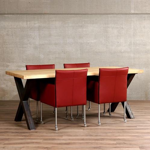 Set van 4 leren kuip eetkamerstoelen - met wieltjes - rood, Maison & Meubles, Chaises, Enlèvement ou Envoi