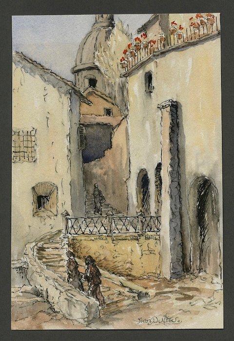 Dulieu, Jean - 1 originele aquarel - straatbeeld -, Boeken, Stripverhalen