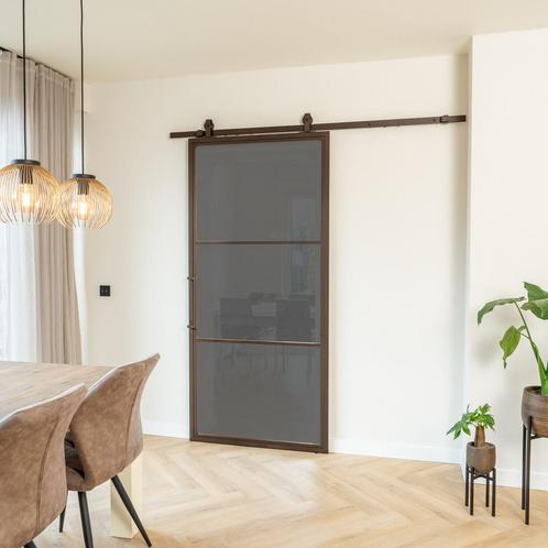 Stalen Schuifdeur - 3 Vlaks - Brons - Rook glas, Doe-het-zelf en Bouw, Raamkozijnen en Schuifdeuren, Inclusief glas, Nieuw, Metaal