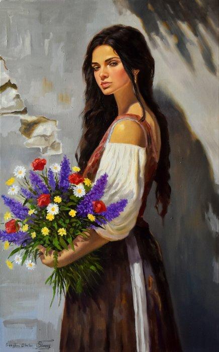 Serghei Ghetiu - A portrait with wildflowers, Antiek en Kunst, Kunst | Schilderijen | Modern
