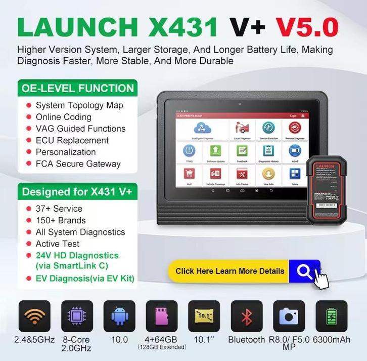 Launch X-431 V+ 5.0 universeel diagnose elektrische autos, Auto diversen, Autogereedschap, Nieuw, Verzenden