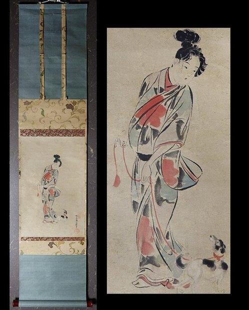 Kakejiku - Lady on a stroll with a dog - Kano Seisenin-in, Antiek en Kunst, Antiek | Overige Antiek
