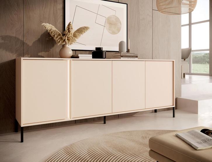 Dressoir Beige - 203x81x40 cm - Metalen poten - 4 deuren, Huis en Inrichting, Kasten | Dressoirs, 25 tot 50 cm, Nieuw, 200 cm of meer