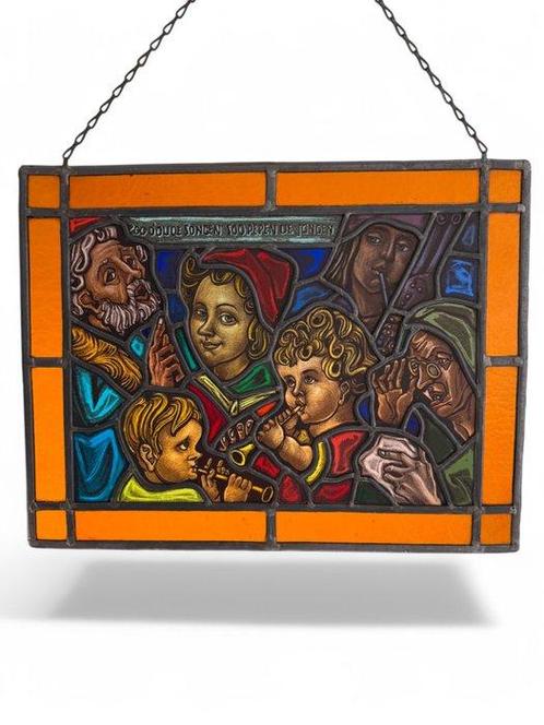 Antiek Glas-in-loodraam - Fire painted window - 48x37cm -, Antiek en Kunst, Curiosa en Brocante