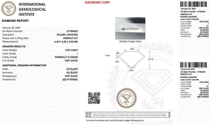 1 pcs Diamant (Natuurlijk) - 0.90 ct - Smaragd - I - IF -, Handtassen en Accessoires, Edelstenen