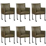 Set van 6 Olijfgroene leren moderne kuipstoel - poot rond, Huis en Inrichting, Overige kleuren, Nieuw, Leer, Ophalen of Verzenden