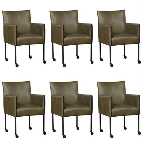 Set van 6 Olijfgroene leren moderne kuipstoel - poot rond, Huis en Inrichting, Stoelen, Overige kleuren, Vijf, Zes of meer stoelen
