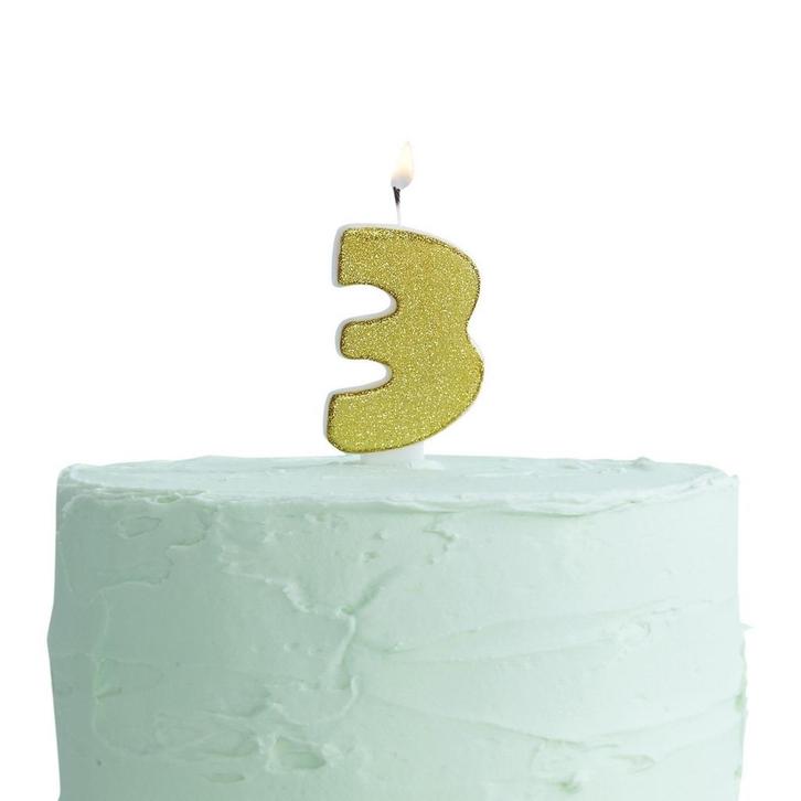 Gouden Kaars 3 Jaar Glitters 6cm, Hobby en Vrije tijd, Feestartikelen, Nieuw, Verzenden