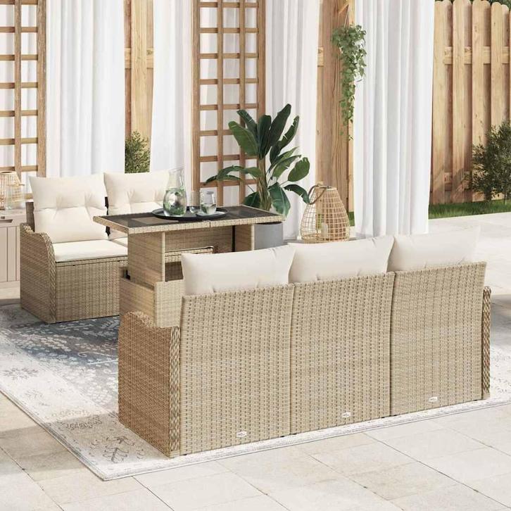 vidaXL Tuinbank Set met kussen 6 pcs Beige poly rattan, Tuin en Terras, Tuinsets en Loungesets, Nieuw, Verzenden