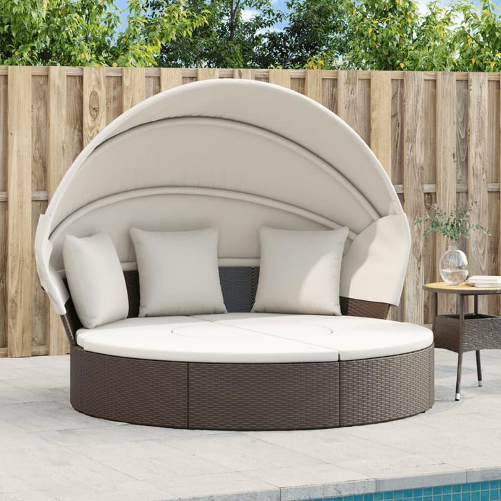 vidaXL Loungebed met luifel en kussens poly rattan bruin, Tuin en Terras, Ligbedden, Nieuw, Verzenden