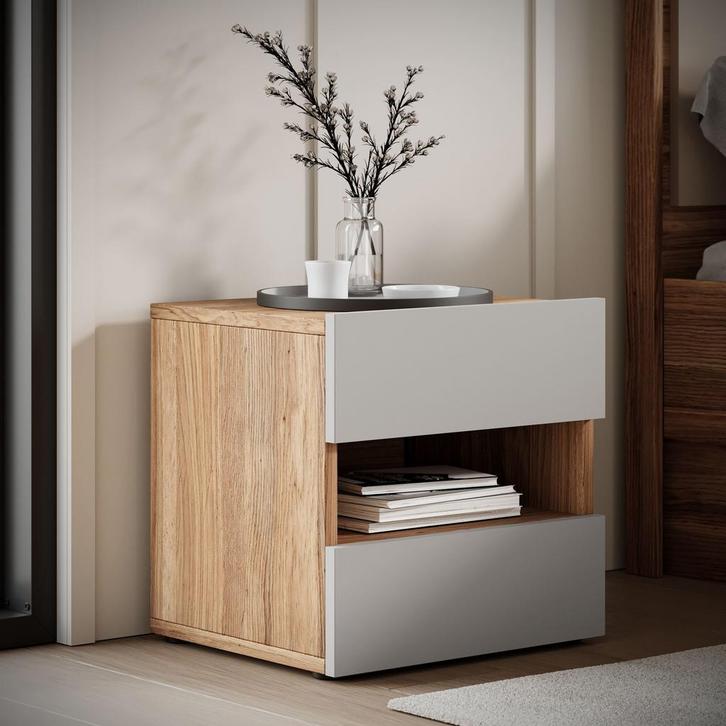 Meubella Nachtkastje eiken met beige 46cm 2 lades, Huis en Inrichting, Kasten | Overige, Nieuw, Verzenden