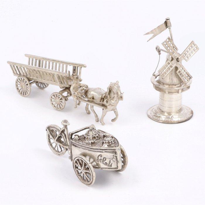 NO RESERVE - Molen | Hooiwagen | IJscofiets - Miniatuur, Antiek en Kunst, Antiek | Zilver en Goud
