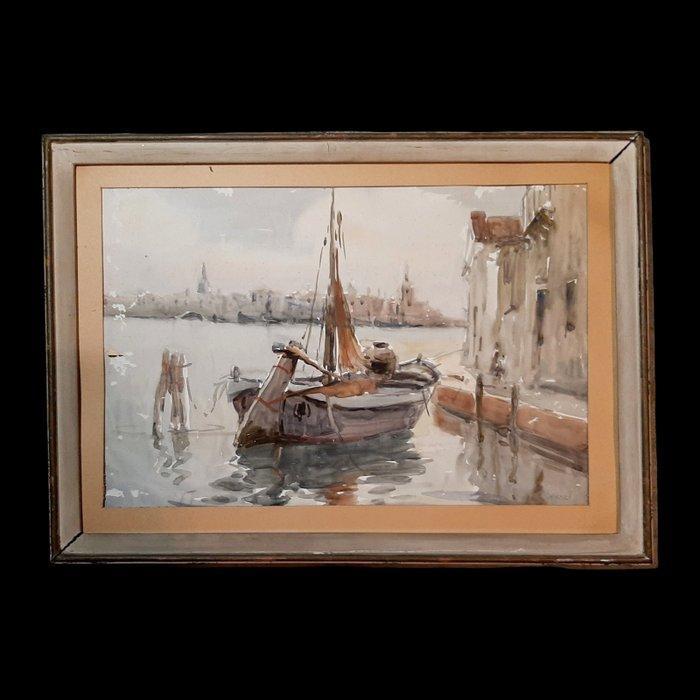 Umberto Cuzzi (1891-1973) - Venezia, Barca Lungo la Riva, Antiek en Kunst, Kunst | Schilderijen | Klassiek