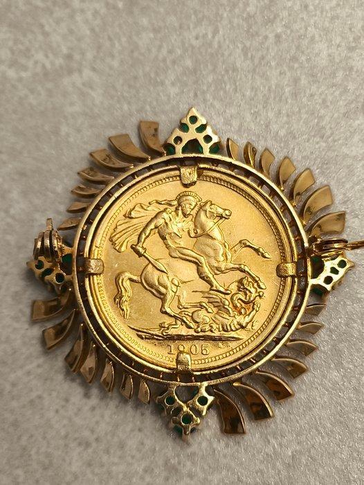Broche - 18 carats Or jaune Émeraude, Handtassen en Accessoires, Antieke sieraden