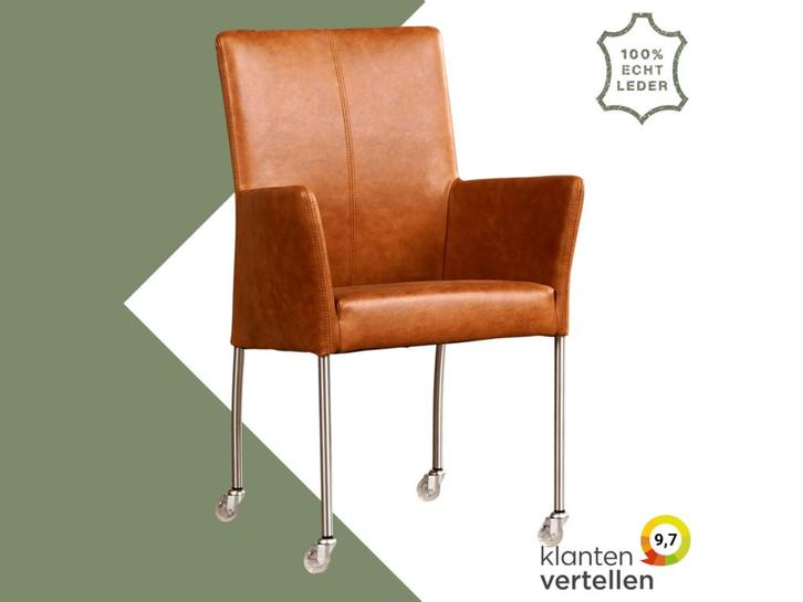 Leren eetkamerstoel Comfort met wieltjes en armleuning -, Huis en Inrichting, Stoelen, Bruin, Eén, Nieuw, Leer, Ophalen of Verzenden