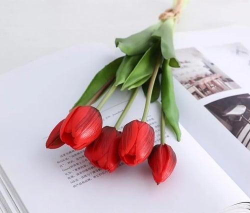 Tulpen real touch luxe siliconen latex rood 33 cm bundel ca., Huis en Inrichting, Woonaccessoires | Kunstplanten en Kunstbloemen