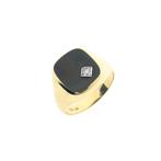 Gouden heren zegelring met onyx en zirconia (rond briljant), Handtassen en Accessoires, Ringen, Gebruikt, Overige kleuren, 20 of groter