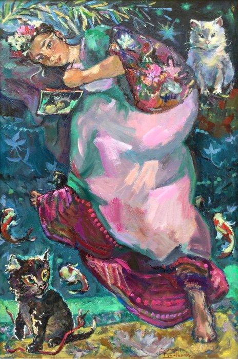 Borgen Lindhardt (1974) - Kimono meisje met bloemen in het, Antiek en Kunst, Kunst | Schilderijen | Klassiek