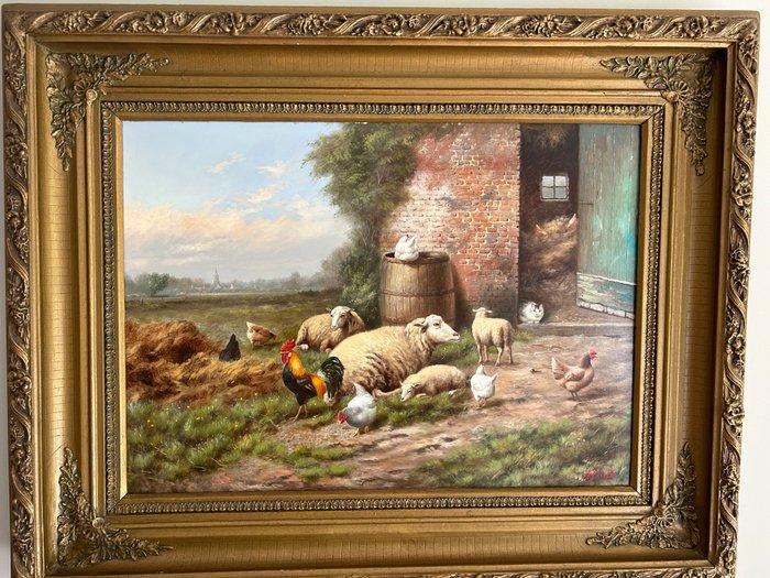 Bals Hilaire (1940) - Hoevetafereel met schapen, pluimvee en, Antiek en Kunst, Kunst | Schilderijen | Klassiek
