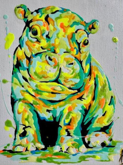 Amandyne Steropês - Hippo arc-en-ciel, Antiek en Kunst, Kunst | Schilderijen | Modern