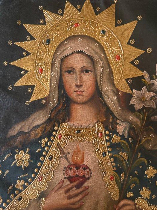 Cuzco school (XX) - Virgin of the Sacred Heart, Antiek en Kunst, Kunst | Schilderijen | Klassiek