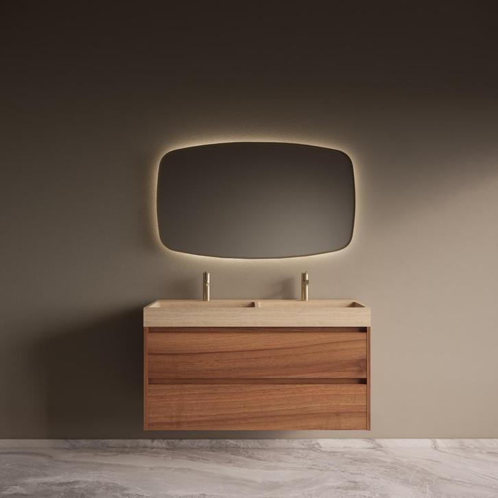 Badmeubelset Riga Travertin met Wastafel 120 cm Walnoot, Doe-het-zelf en Bouw, Sanitair, Bad, Nieuw, Ophalen of Verzenden