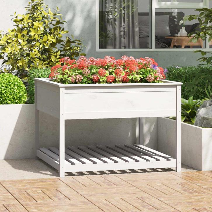 vidaXL Plantenbak met schap 111,5x111,5x81 cm massief, Tuin en Terras, Bloempotten, Nieuw, Verzenden