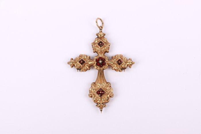 Hanger - 14 karaat Geel goud - 0.48ct. tw. Granaat - Parel -, Handtassen en Accessoires, Antieke sieraden