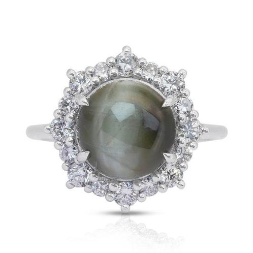 Ring - 18 karaat Witgoud -  6.71ct. tw. Kattenoog, Handtassen en Accessoires, Ringen