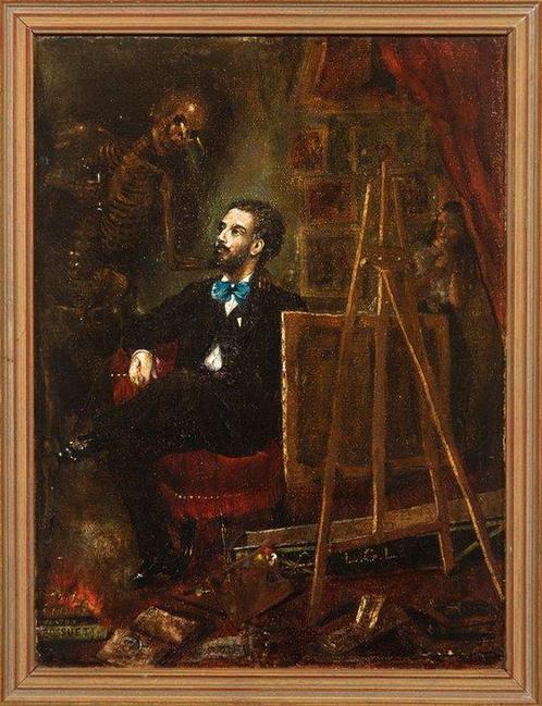 Spaanse school (XIX) - Self-portrait with death, Antiek en Kunst, Kunst | Schilderijen | Klassiek
